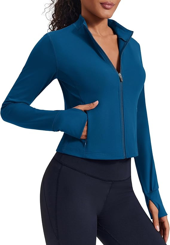 PINSPARK Women Cropped Workout Jackets Full Zip Slim Fit Athletic Jackets Thumb Holes Running Jac... | Amazon (US)