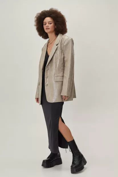 Faux Leather Croc Embossed Oversized Blazer | Nasty Gal (US)