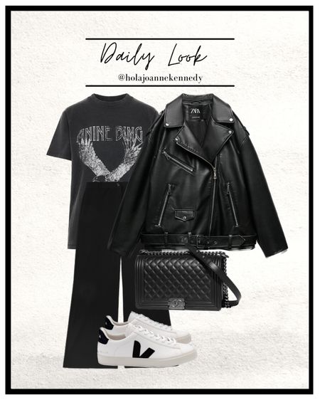 Simple outfit idea, leather jacket outfit, oversized leather jacket, black classic tailored trousers, black M&S trousers, black pants, veja trainers, black and white look, black and white outfit, Anine bing t shirt, eagle print t shirt, graphic tee outfit, graphic t shirt look 

#LTKstyletip #LTKeurope