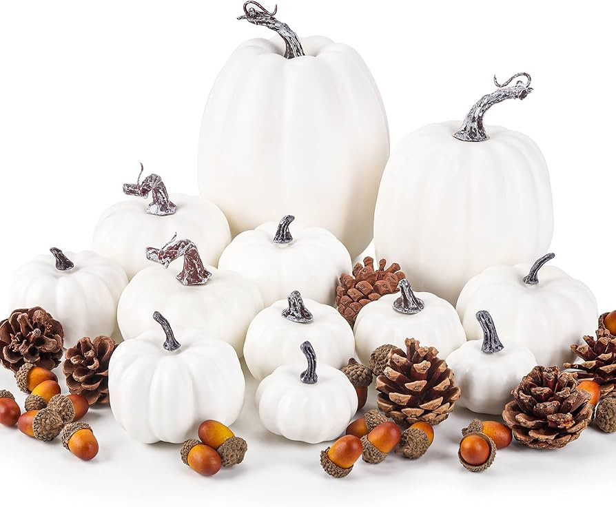 12pcs Fake Pumpkin Decor with 24pcs Acorns and 4pcs Pinecones for Halloween Thanksgiving Table Fa... | Amazon (US)