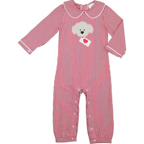 Red Stripe Applique Puppy And Valentine Long Romper - Shipping Late December | Cecil and Lou