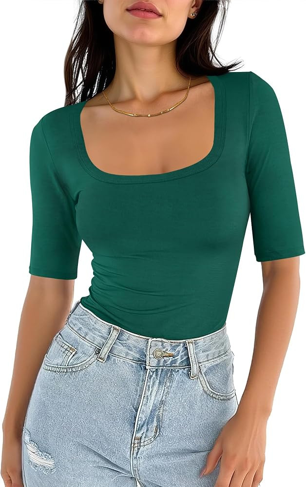 ANRABESS Womens Half Sleeve Tops Square Neck Slim Fit T-Shirt Summer 2026 Fashion Casual Basic Te... | Amazon (US)