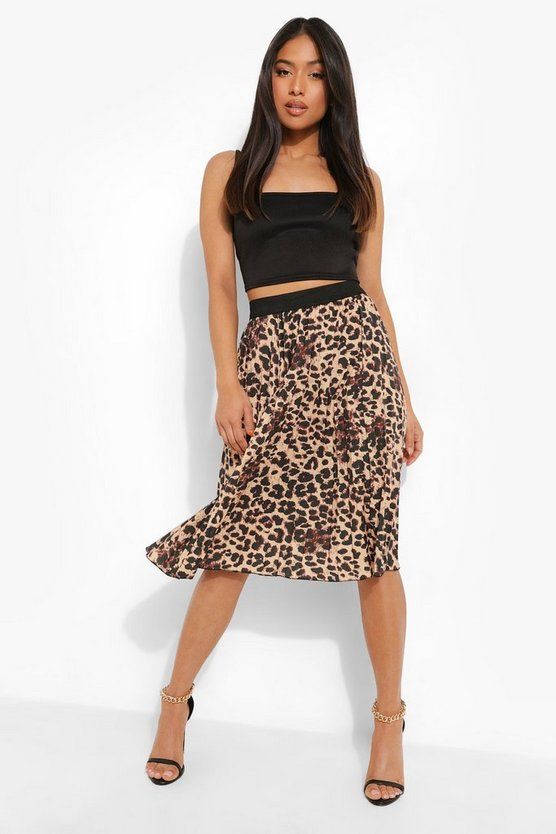 Petite Leopard Print Pleated Midi Skirt | Boohoo.com (US & CA)