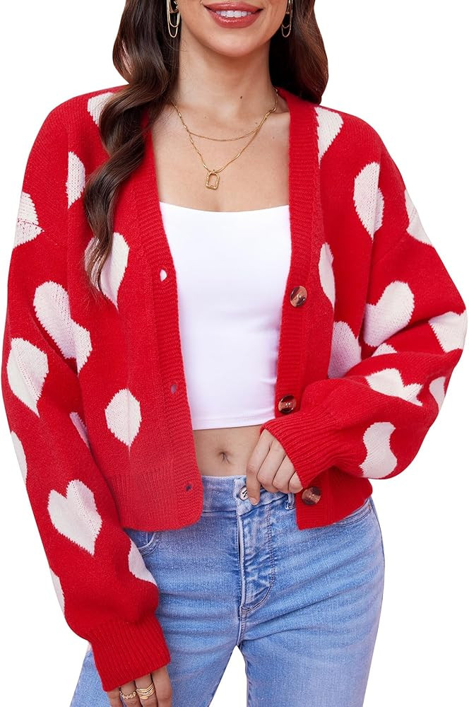 Women's Valentine's Day Cute Y2K Cropped Cardigan Long Sleeve Button Down Heart Sweater | Amazon (US)