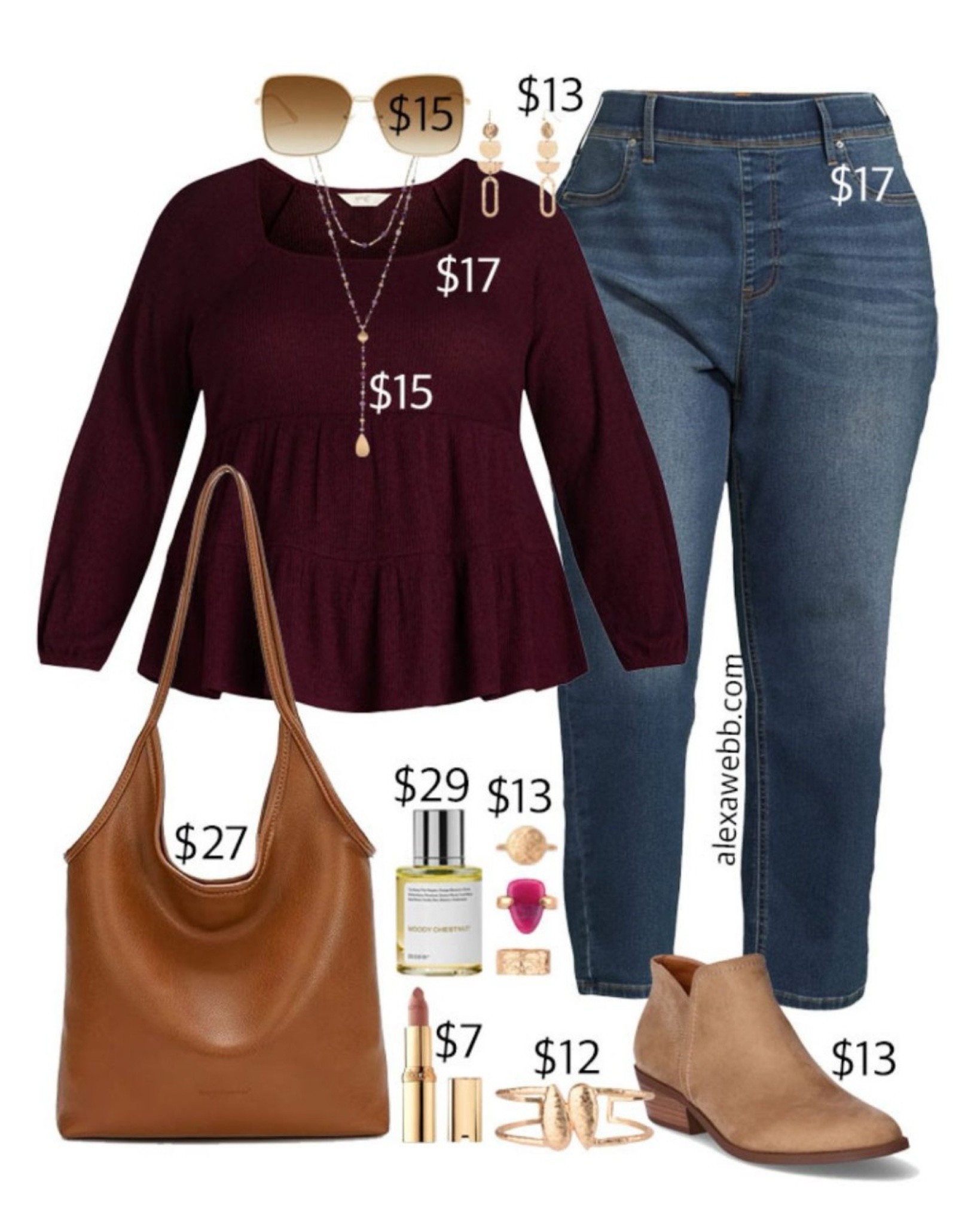 Plus Size on a Budget – Burgundy Top - A plus size casual outfit with a burgundy empire waisted top, straight leg jeans, ankle booties, and a hobo bag. An easy and relaxed look for fall and winter. Alexa Webb #plussize

#LTKOver40 #LTKStyleTip #LTKPlusSize