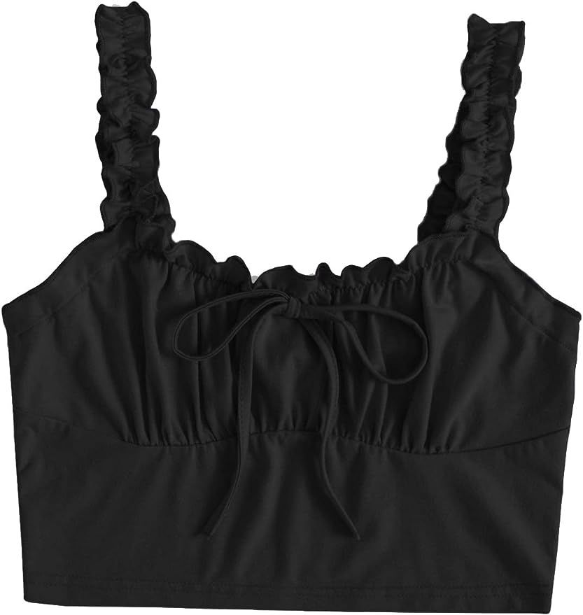 Verdusa Women's Frill Trim Strap Tie Knot Ruched Front Bustier Crop Top | Amazon (US)