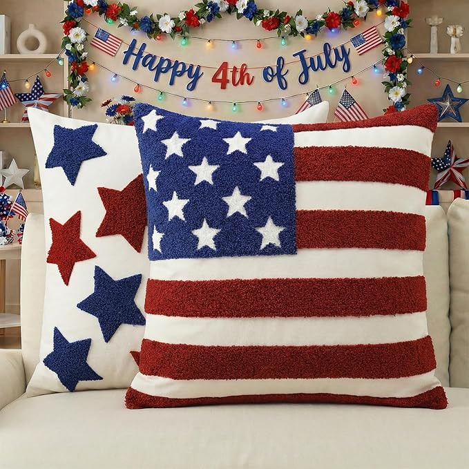 AVOIN colorlife 4th of July Patriotic Embroidered Throw Pillow Covers, 18 x 18 Inch Striped Star ... | Amazon (US)