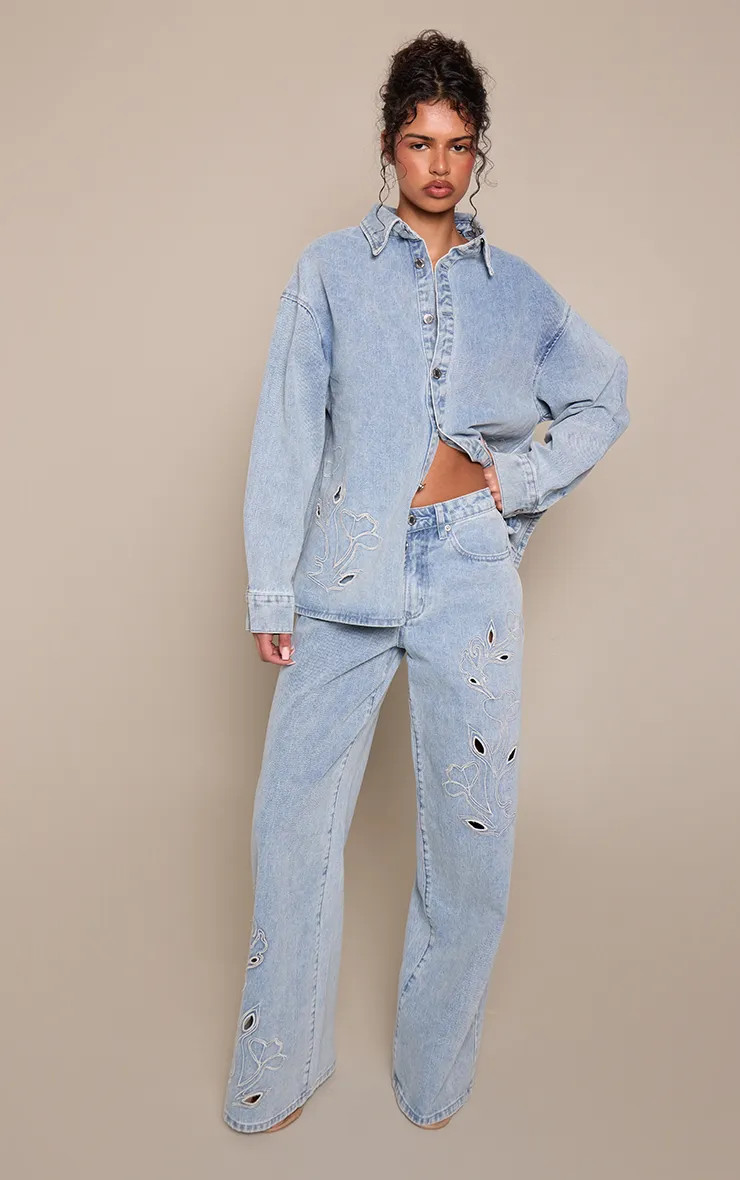 Mid Blue Wash Mid Blue Embroidery Detail Wide Leg Jean | PrettyLittleThing | PrettyLittleThing UK