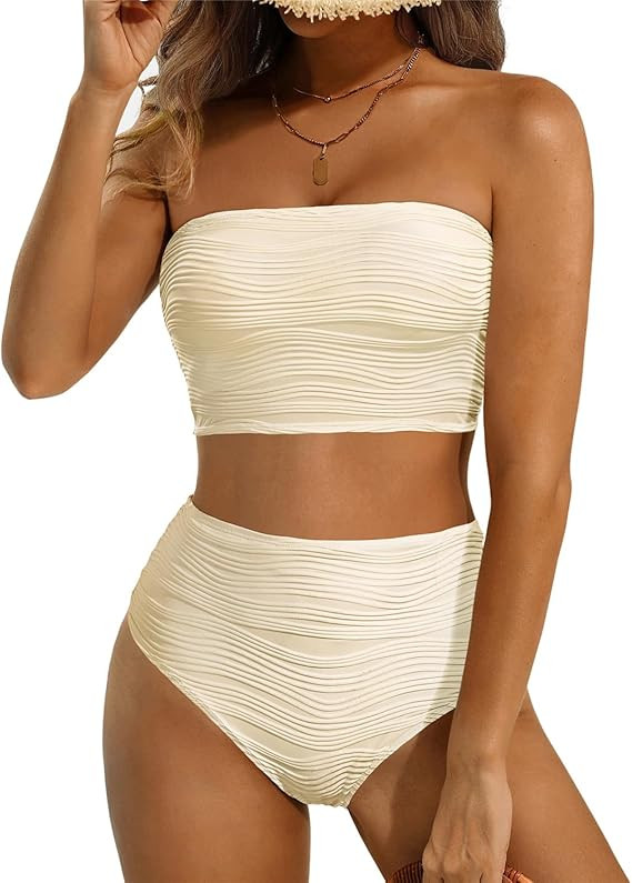 High Waisted Bandeau Bikini Set - Women Strapless Two Piece Swimsuits Ribbed Longline Full Covera... | Amazon (US)