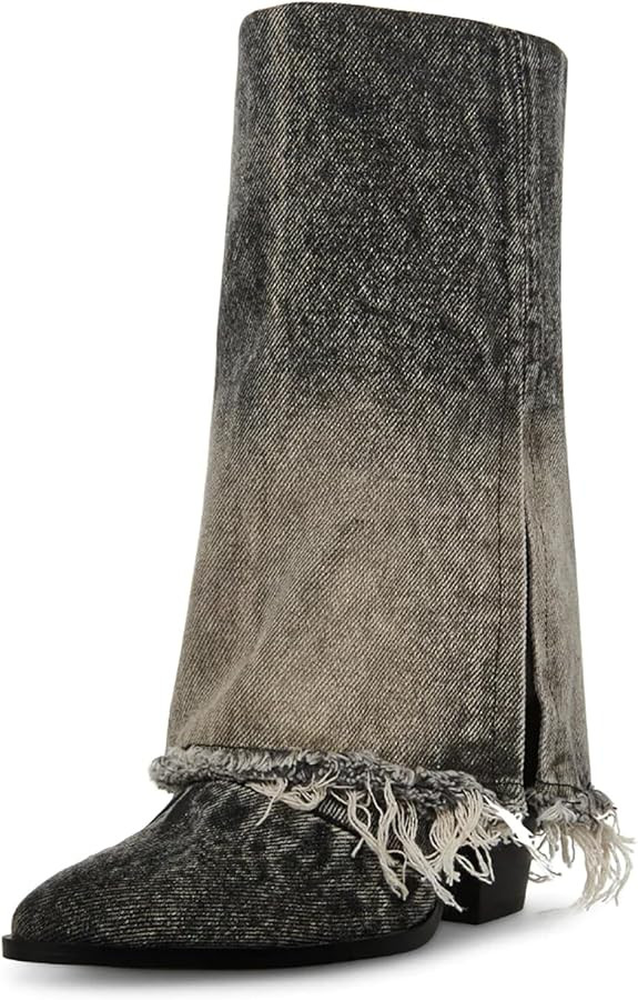 MUCCCUTE Women's Denim Boots Cowboy Western Fold Over Cowgirl Boots Chunky Stacked Heel Pointed T... | Amazon (US)