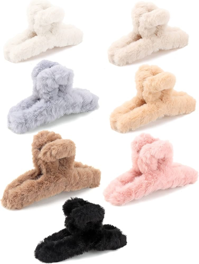 SEVEN LUCKY LIGHT Hair Clip, 7 Pcs 4.5" Fuzzy Claw Clips for Thick Hair, Cute Fuzzy Clip for Wome... | Amazon (US)