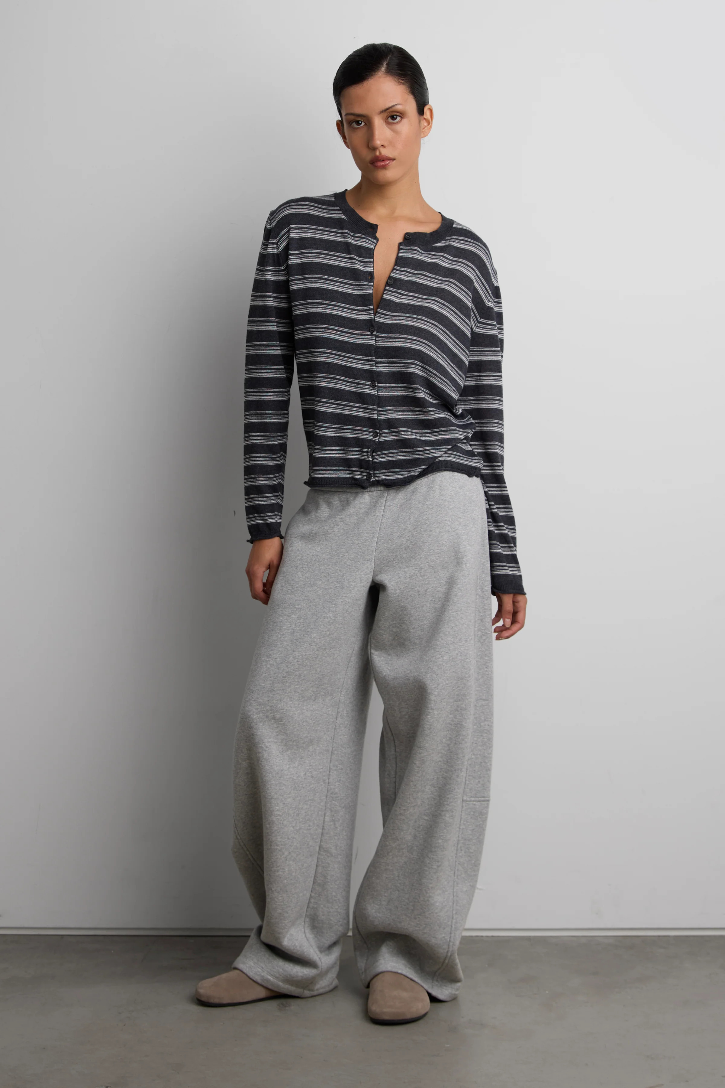 RIBBED KNIT STRIPED CARDIGAN Gray / XS-S | OAK + FORT