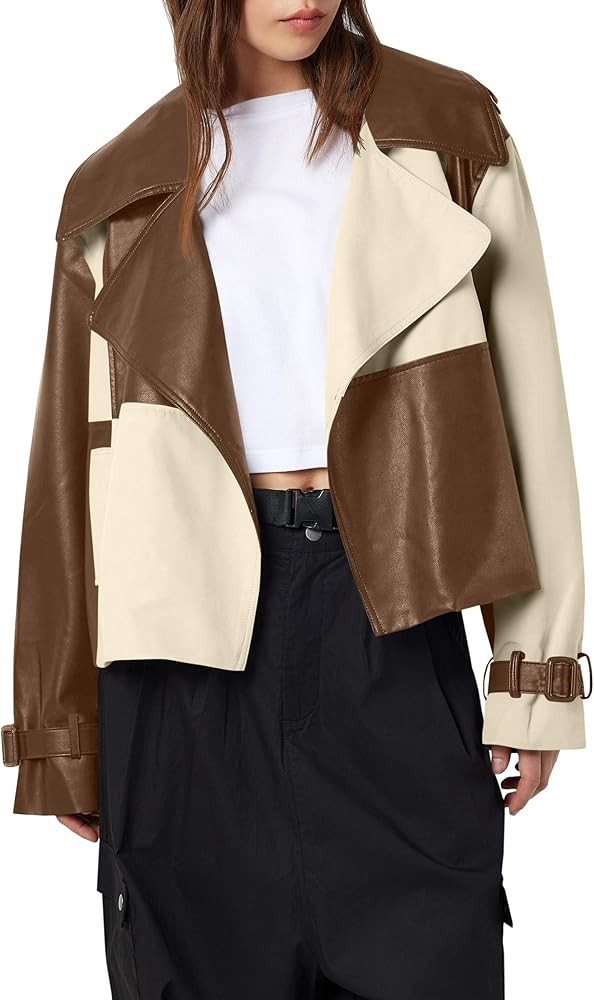 Tankaneo Womens Leather Cropped Jacket Fall Casual Trendy Oversized Color Block Motorcycle Coat | Amazon (US)