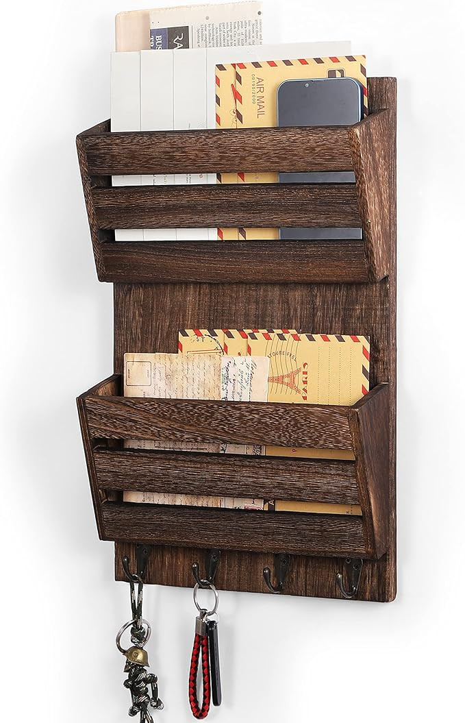 MOOACE Mail Organizer Wall Mount with Key Hooks, 2-Slot Wood Mail and Key Holder, Wall File Organ... | Amazon (US)