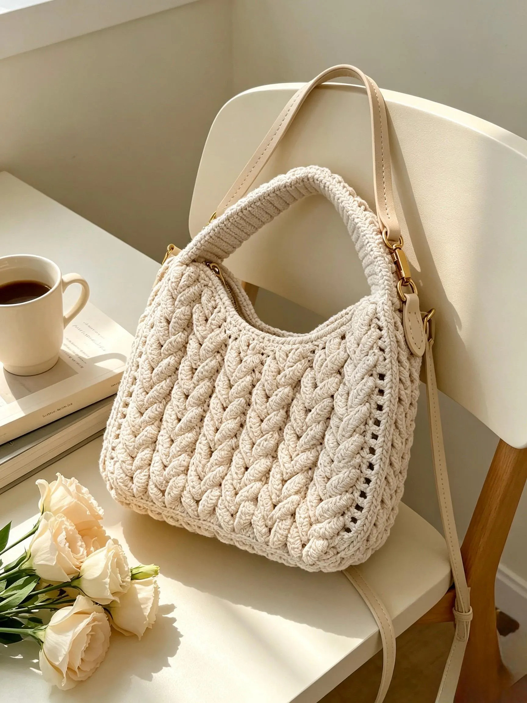 Handmade Cable Crochet Hobo Bag, Cream Beige, Removable Strap, Minimalist Purse | Etsy (Global)