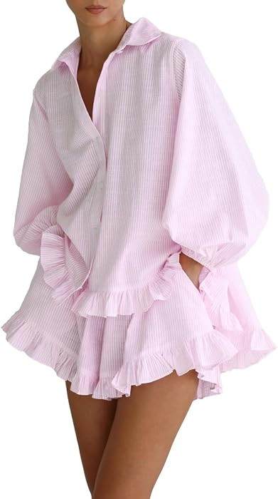 Women's Ruffle 2 Piece Outfits Button Down Striped Pajama Set | Amazon (US)