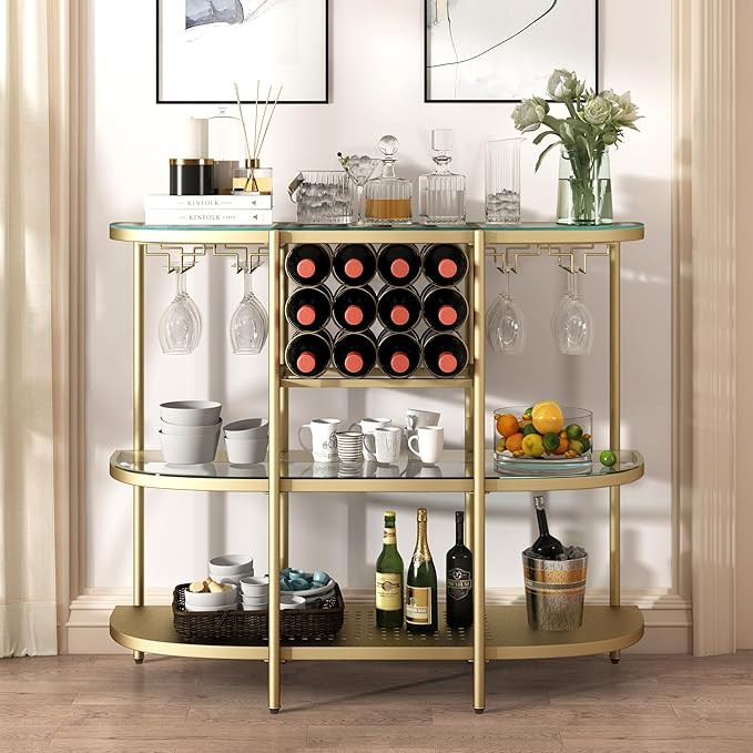 O&K FURNITURE Home Bar Table with Wine Racks, 3 Tier Wine Bar Table with Glass Holders, Wine Cabi... | Amazon (US)