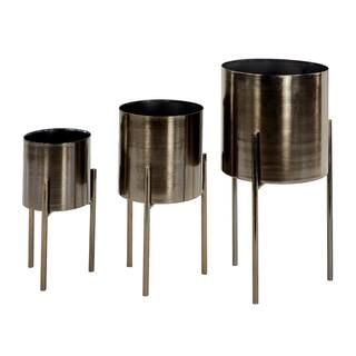 Litton Lane Contemporary Style Large Round Indoor/Outdoor Metallic Dark Silver Metal Planters in Sil | The Home Depot
