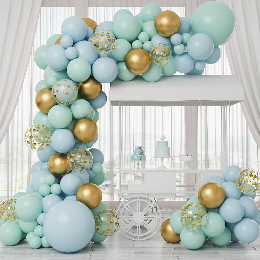 RUBFAC 124pcs Mint Green and Blue Balloon Garland Kit, Mint Green Blue Gold Confetti Latex Balloo... | Amazon (US)