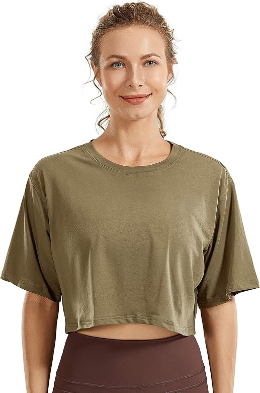 CRZ YOGA Women's Pima Cotton Workout Crop Tops Short Sleeve Running T-Shirts Casual Athletic Tees | Amazon (US)