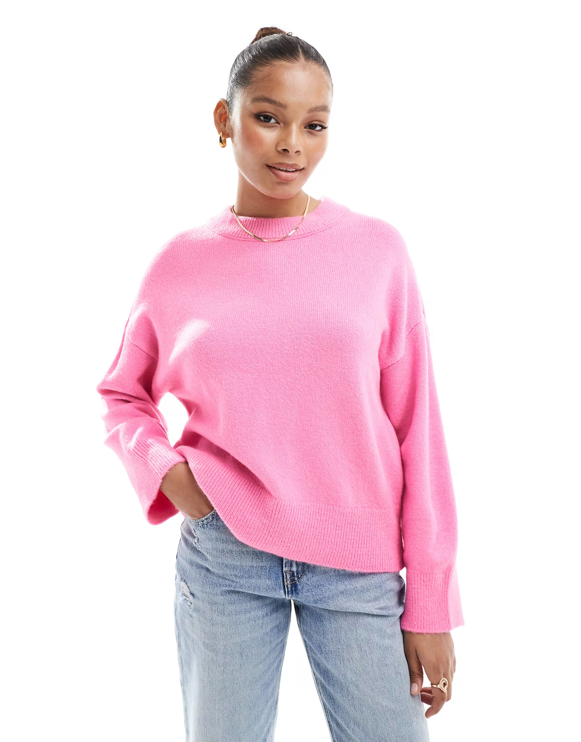 ASOS DESIGN boxy crew neck sweater in pink | ASOS (Global)