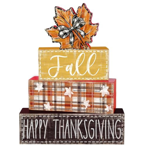 DIYDEC 4Pcs Fall Table Decor Fall Wood Block Signs Maple Leaves Sign Autumn Tiered Tray Decor Thanksgiving Centerpieces Signs for Holiday Tabletop Coffee Fireplace Shelf Desk Party Decoration | Amazon (US)