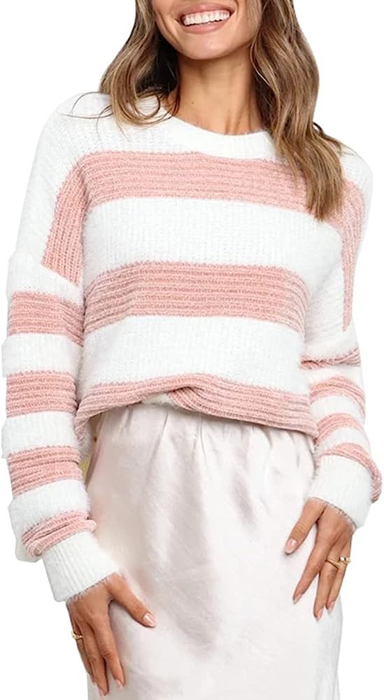 KIRUNDO Women’s Stripe Color Block Short Sweater Long Sleeve Stitching Color Crew Neck Loose Knitted | Amazon (US)