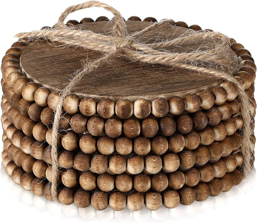 6 Pcs Beaded Wood Coasters Sets 3.94 Inches Round Beaded Coasters Farmhouse Coasters Home Wood Co... | Amazon (US)