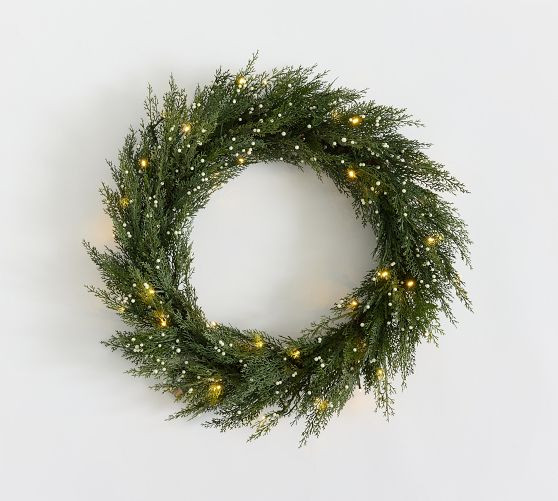 Faux Lit Cedar Berry Pine Wreath & Garland | Pottery Barn (US)