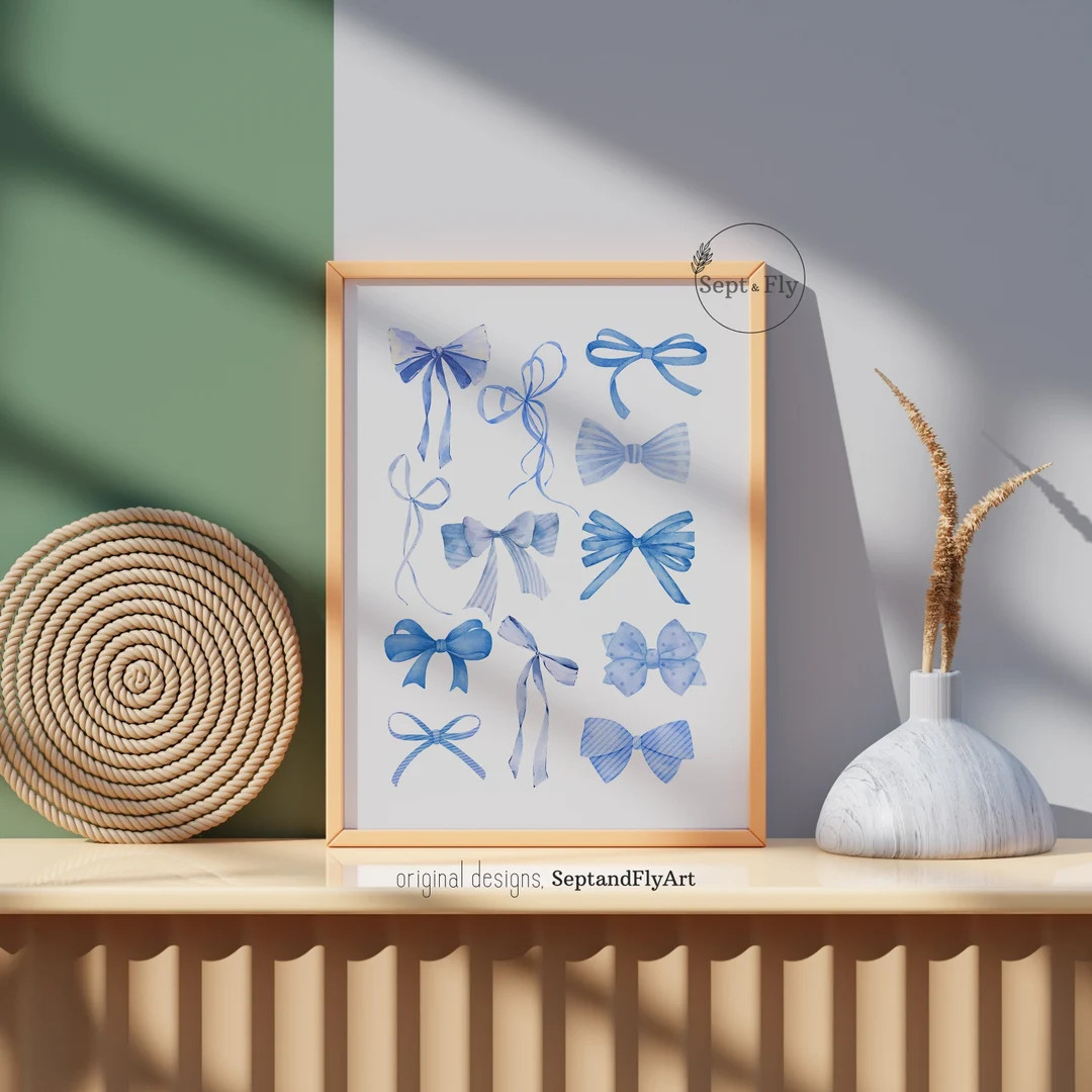 Trendy Blue Bows Wall Art Preppy Poster College Apartment Decor Watercolor Bows Print Coquette Ro... | Etsy (US)