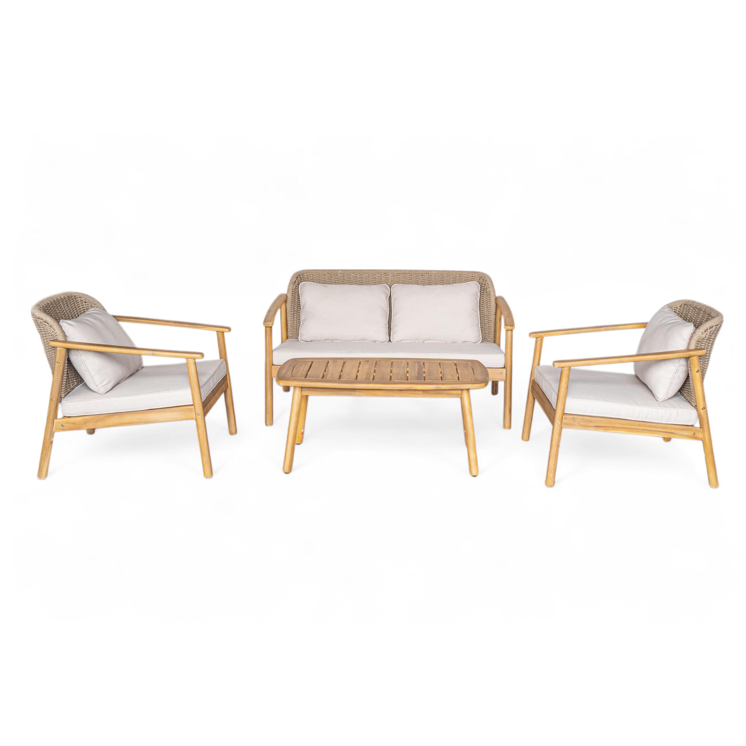 Merax 4-Piece Outdoor Acacia Wood Conversation Set with Coffee Table, Woven Rope Backrest Chair a... | Amazon (US)