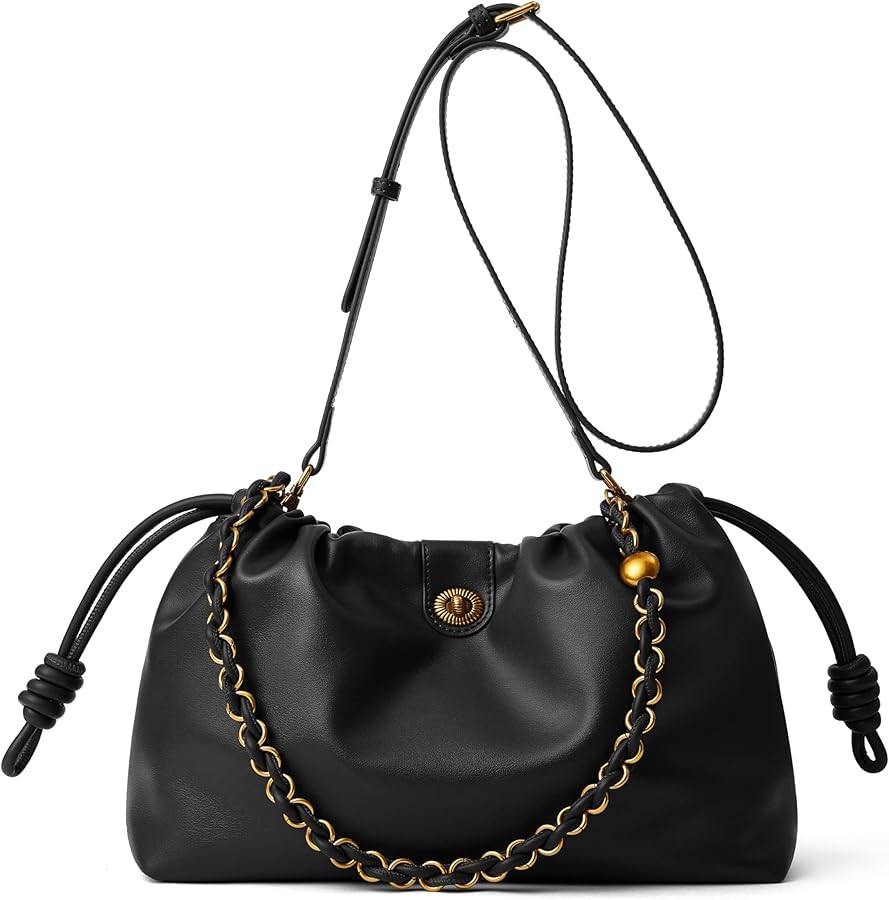 Bucket Hobo Purse for Women. Designer Drawstring Shoulder Bag with Top Chain Tote Handle and Long... | Amazon (US)