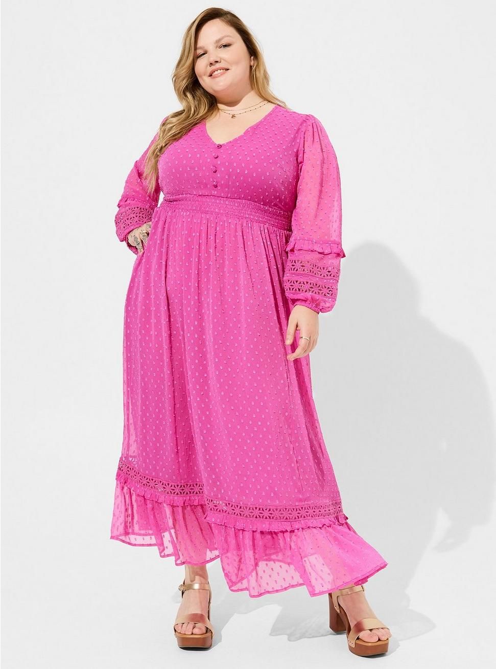 Festi Chiffon Clip Dot Ruffle Sleeve Maxi Dress | Torrid (US & Canada)