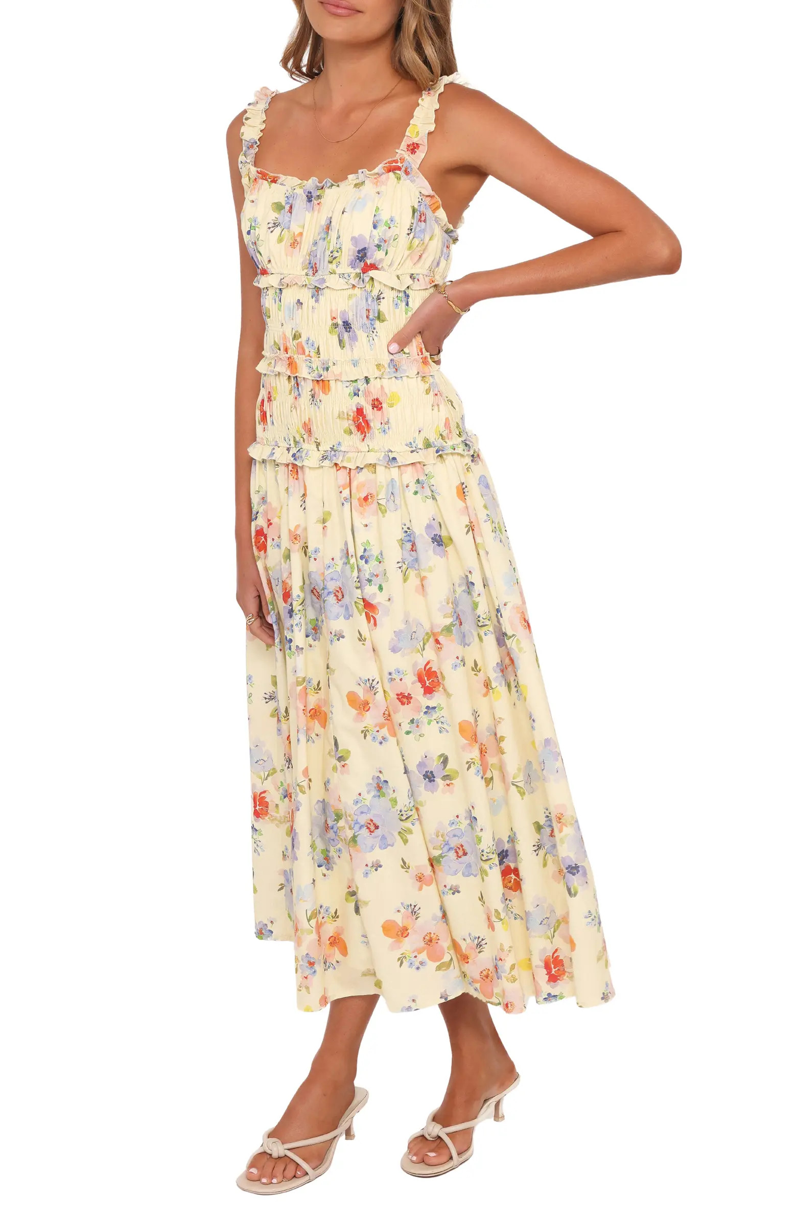 Enola Shirred Ruffle Trim Midi Dress | Nordstrom