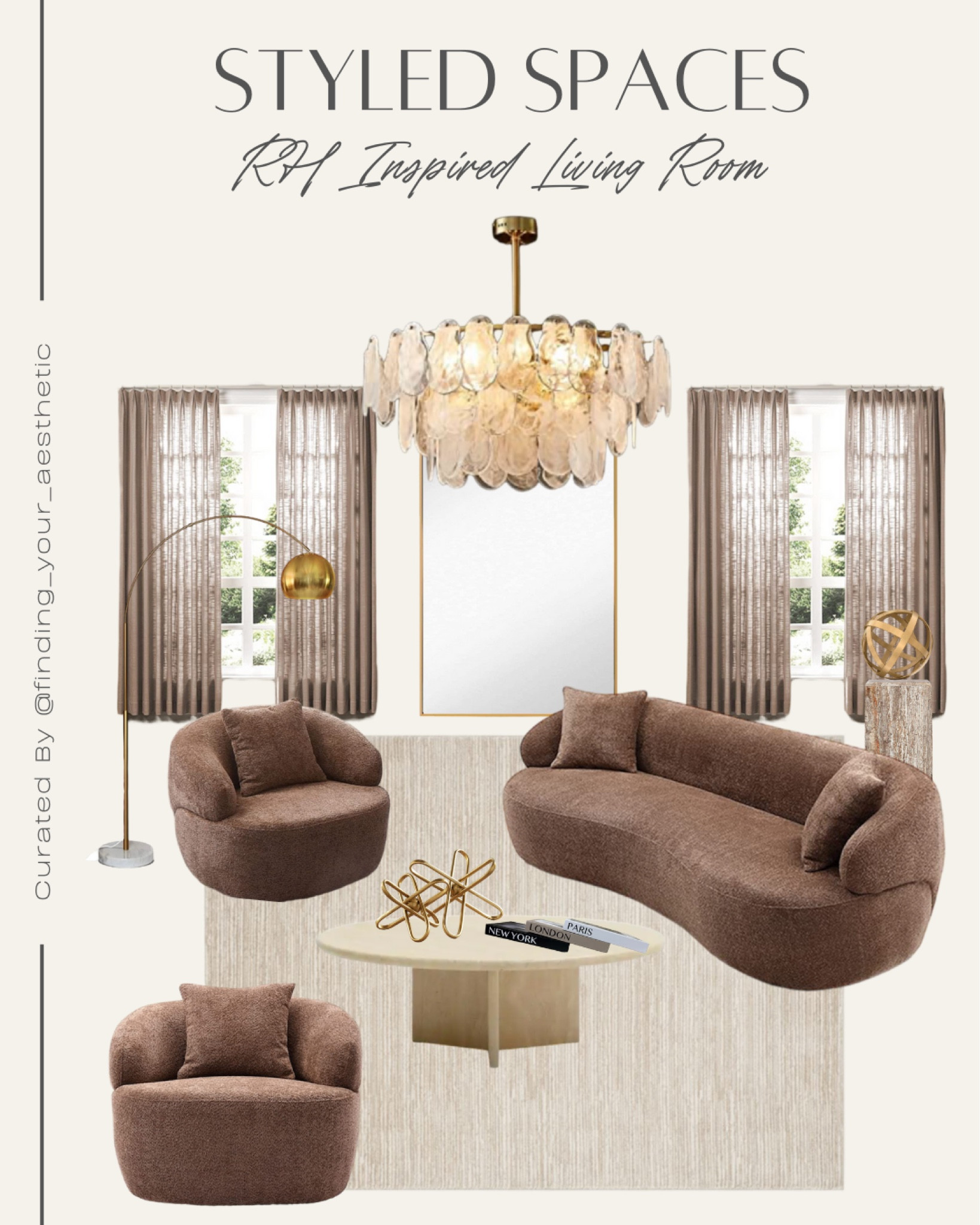 Restoration Hardware inspired living room inspiration. Modern sofa, curved sofa, boucle, tiered chandelier, neutral decor, travertine, coffee table books, gold accents, contemporary furniture, RH dupe #lookforless #interiordesign #homedecor

#LTKFind #LTKhome #LTKstyletip