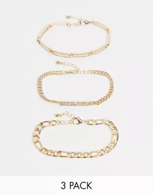 ASOS DESIGN pack of 3 bracelets in chain and crystal design in gold tone | ASOS (Global)