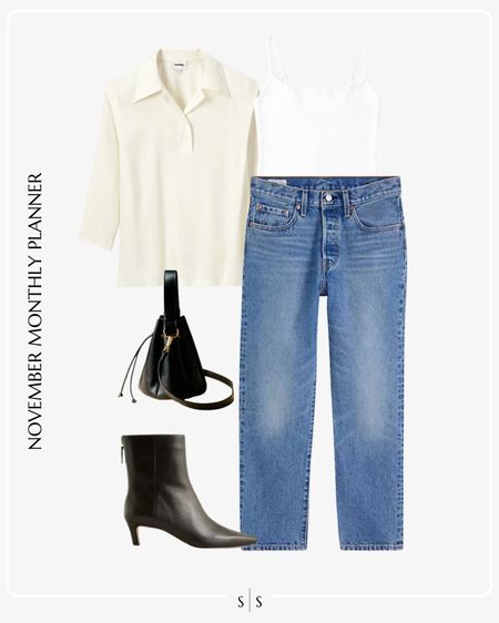 Monthly outfit planner: NOVEMBER Fall and Winter looks | collared blouse, slim crop Jean, ankle boot, bucket bag, date night outfit 

See the entire calendar on thesarahstories.com ✨