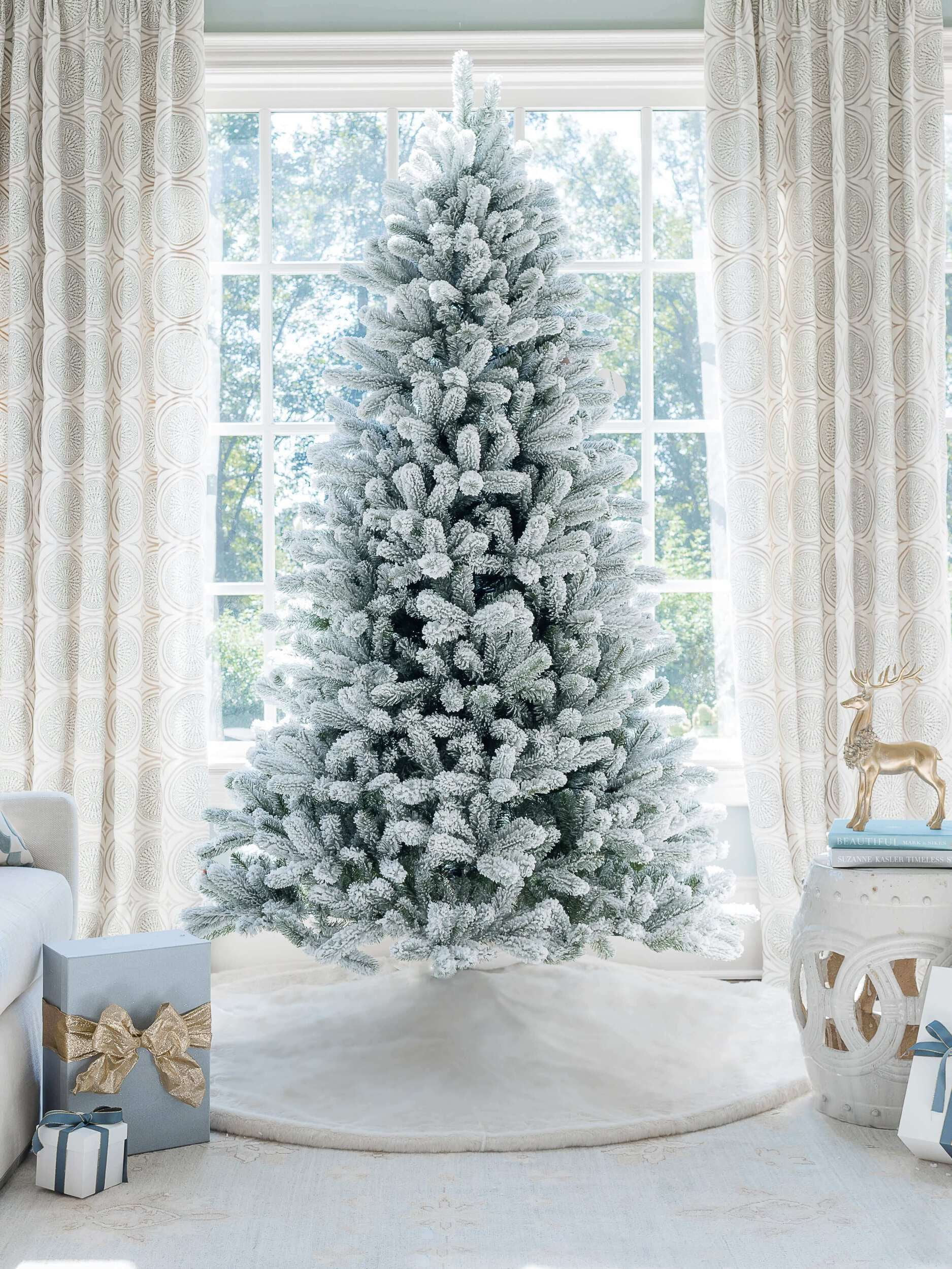 King Of Christmas 7.5ft Snow Flocked Hinged Artificial Christmas Tree Unlit King Flock Xmas Tree | Walmart (US)