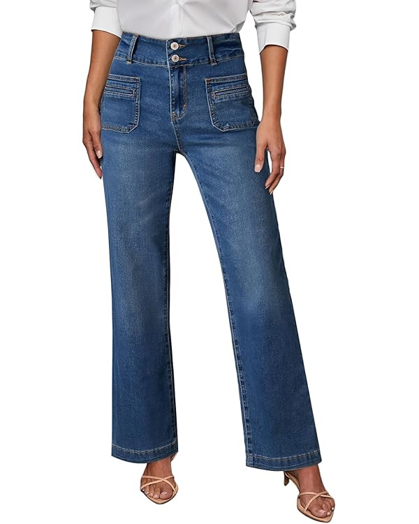 Sidefeel Women's Wide Leg Jeans High Waisted Tummy Control Stretchy Pockets Front Straight Leg Je... | Amazon (US)