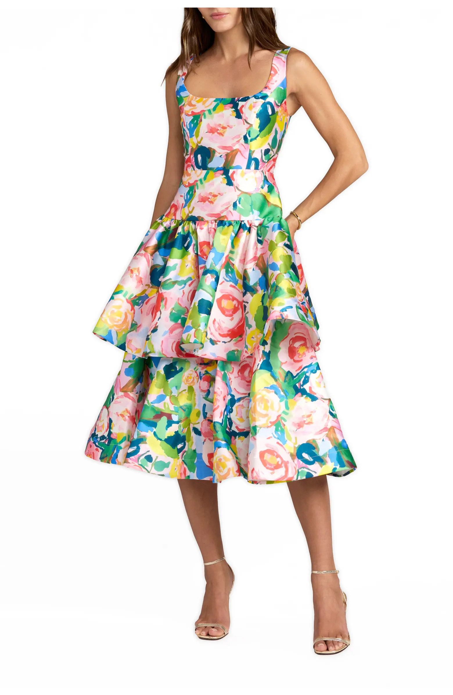 Mac Duggal Floral Mikado Sleeveless Ruffle Midi Dress | Nordstrom | Nordstrom