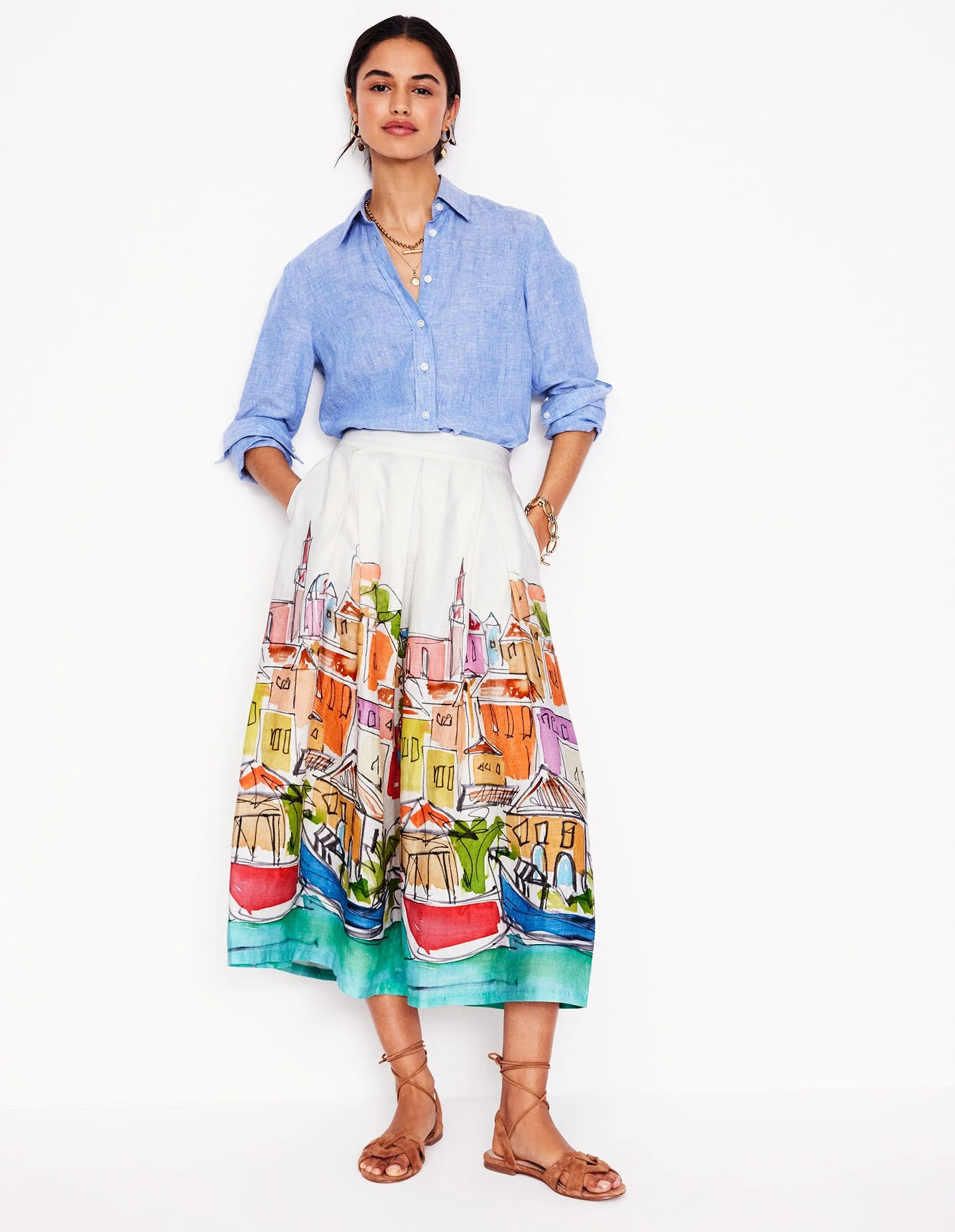 Verity Linen Midi Skirt-Multi, Rainbow Village | Boden UK