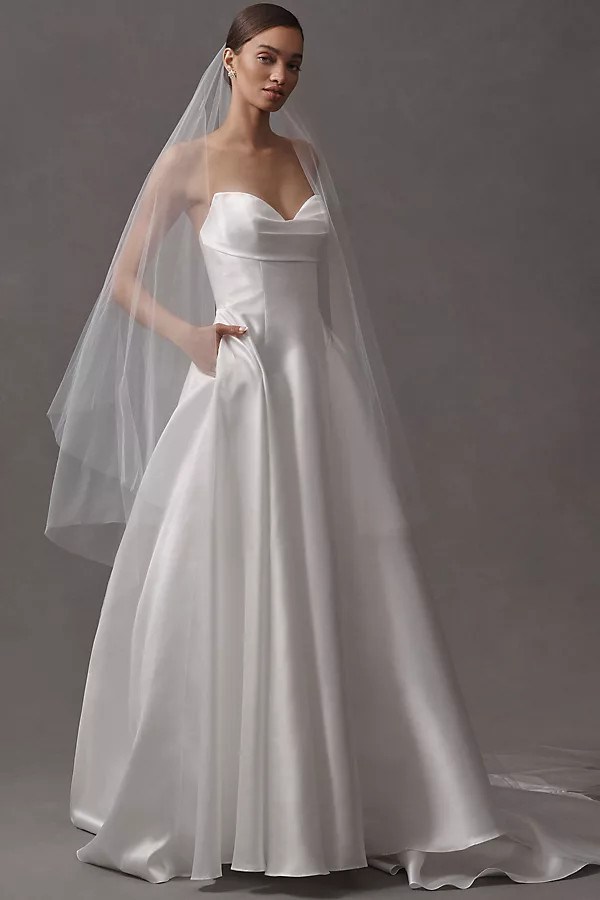Romina Strapless Cowl-Neck A-Line Taffeta Wedding Gown | Anthropologie (US)