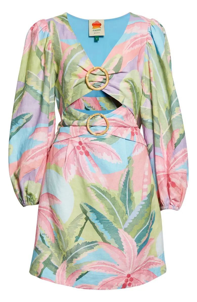 Tropical palms in cool pastel hues cast a dreamy spell on a linen-blend dress fashioned with ball... | Nordstrom