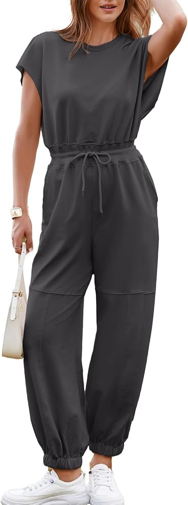 Simplee Women's Short Sleeve Casual Jumpsuit Loose Fit Open Back Summer Onesie Atheletic Jumpsuit... | Amazon (US)