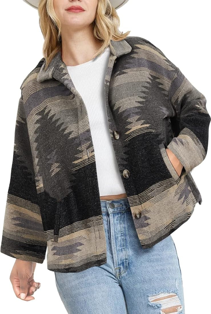 Womens Aztec Shacket Jacket Loose Vintage Boho Wool Blend Coat Button Down Shirt Tops | Amazon (US)
