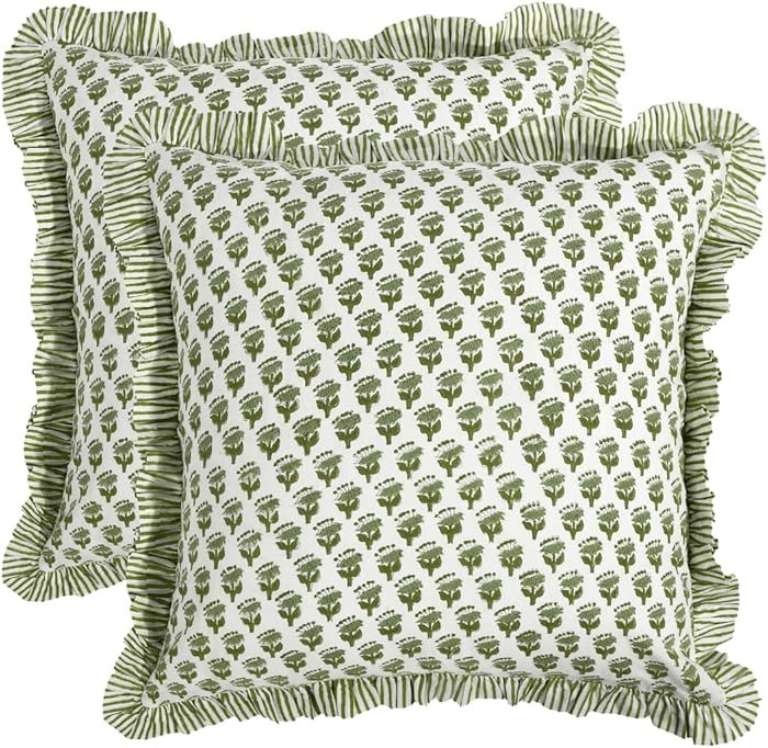 CPC Block Print Ruffle Throw Cover Emerald Green 20"x20" Inch Pack of 2-100% Cotton Ruffle Couch ... | Amazon (US)