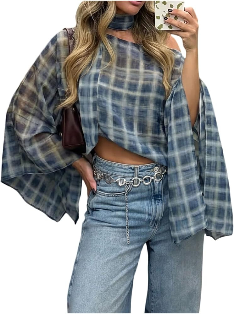 MakeMeChic Women's Plaid Scarf Shirt Poncho Top Fall Going Out Tops | Amazon (US)