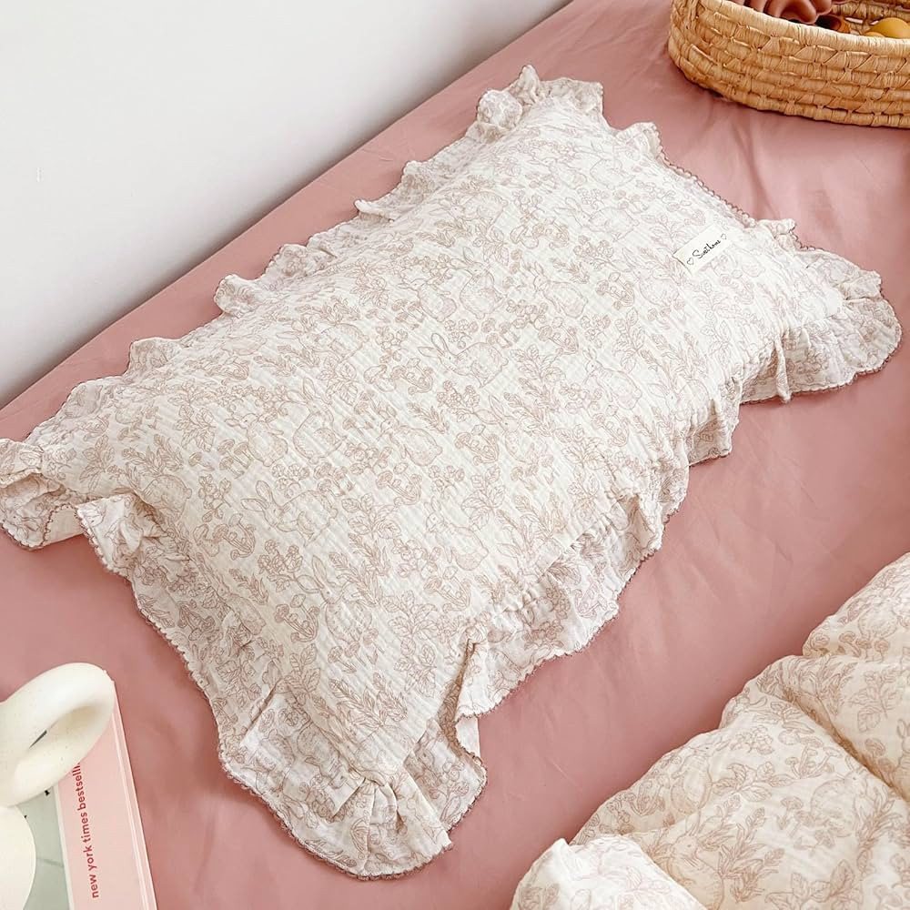 Cotton Muslin Ruffle Edge With Pink Rose Kids Toddler Pillowcase | Amazon (US)