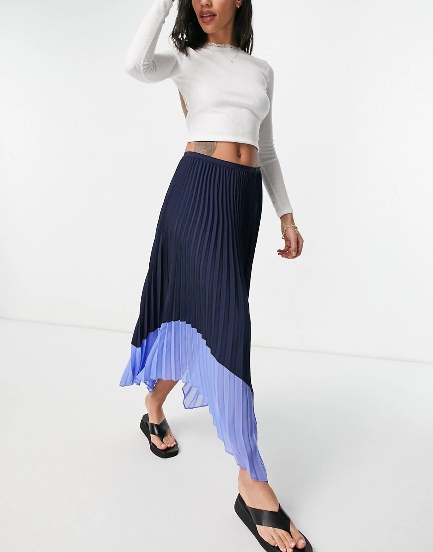 French Connection pleated skirt in black with blue contrast hem-Multi | ASOS (Global)