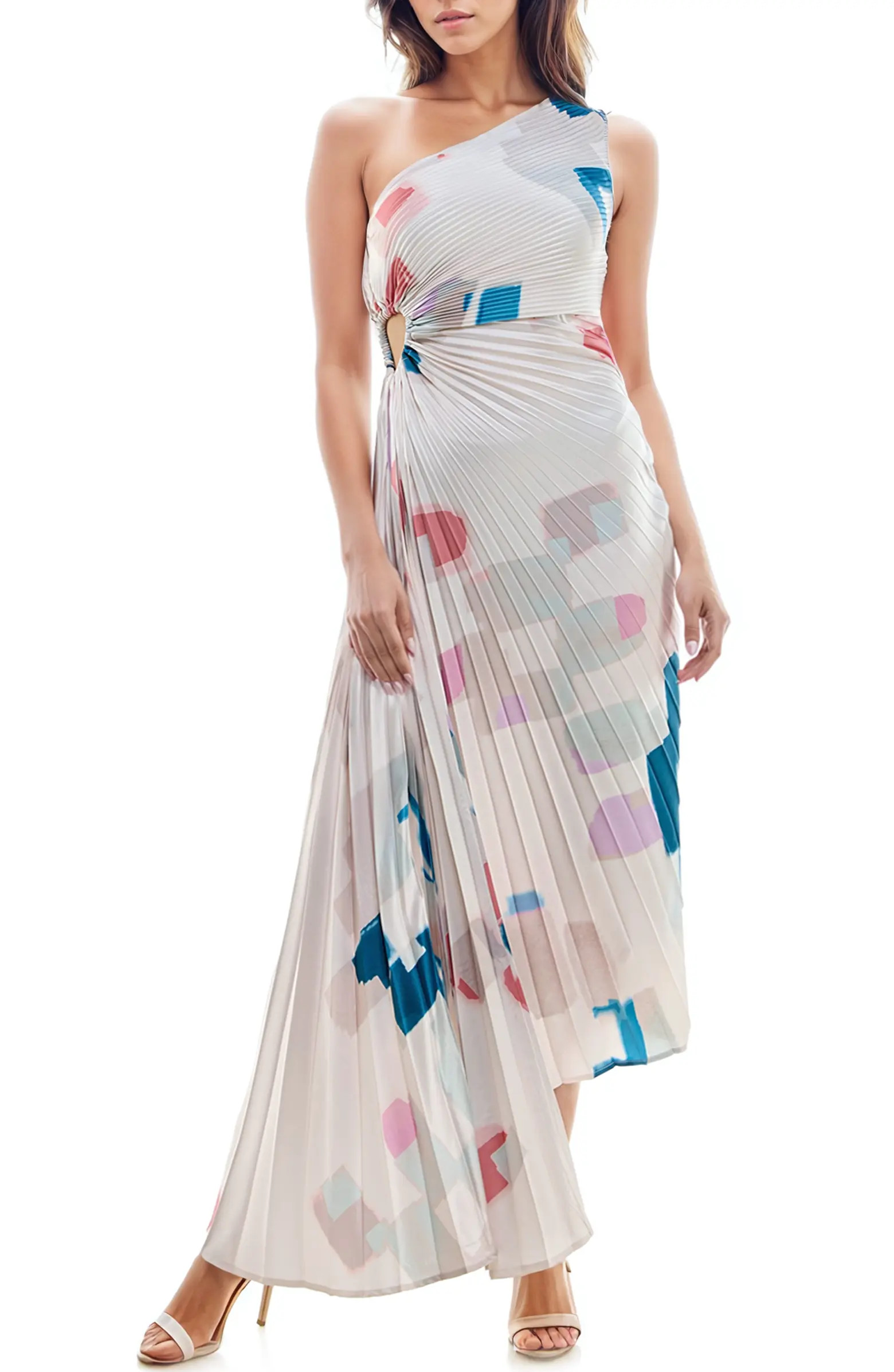 Print Asymmetric Hem Pleated Maxi Dress | Nordstrom